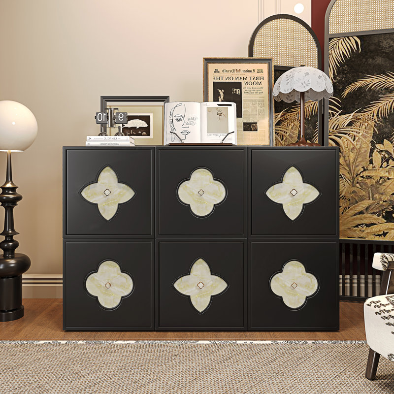 Modern Art Deco Sideboard, 6-Door Sideboards Accent Cabinet Modular Wooden Buffet With Storage, Black