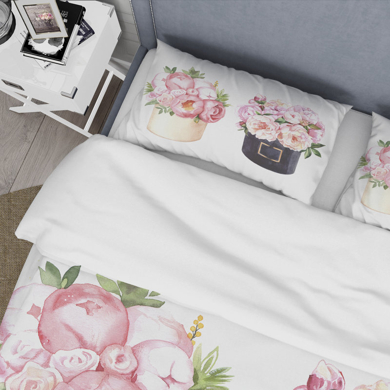 Boîte à fleurs avec pivoines et rose - ensemble de housse de couette Farmhouse - microfibre de polyester
