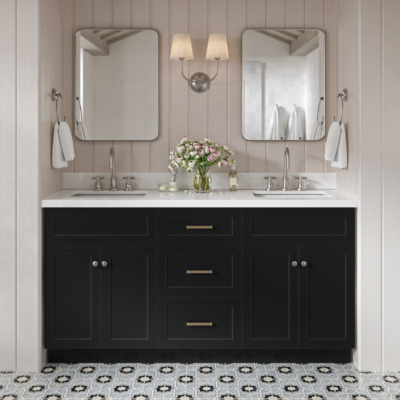 Hamlet 67'' Double Bathroom Vanity with White Quartz Top, Black