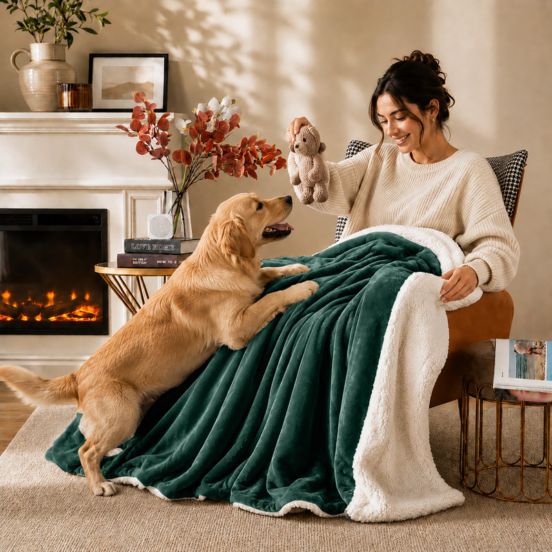 Reversible Sherpa Fleece Blanket – Soft Warm Throw for Sofa & Bed, Double (150cm x 200cm), Emerald