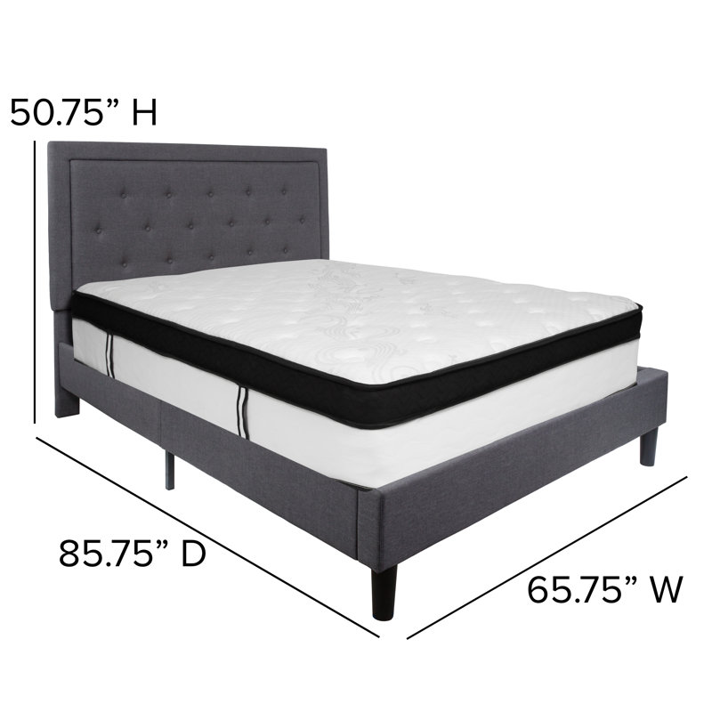 Aluino Panel Tufted Platform Bed and Memory Foam Pocket Spring Mattress, Queen, Dark Gray