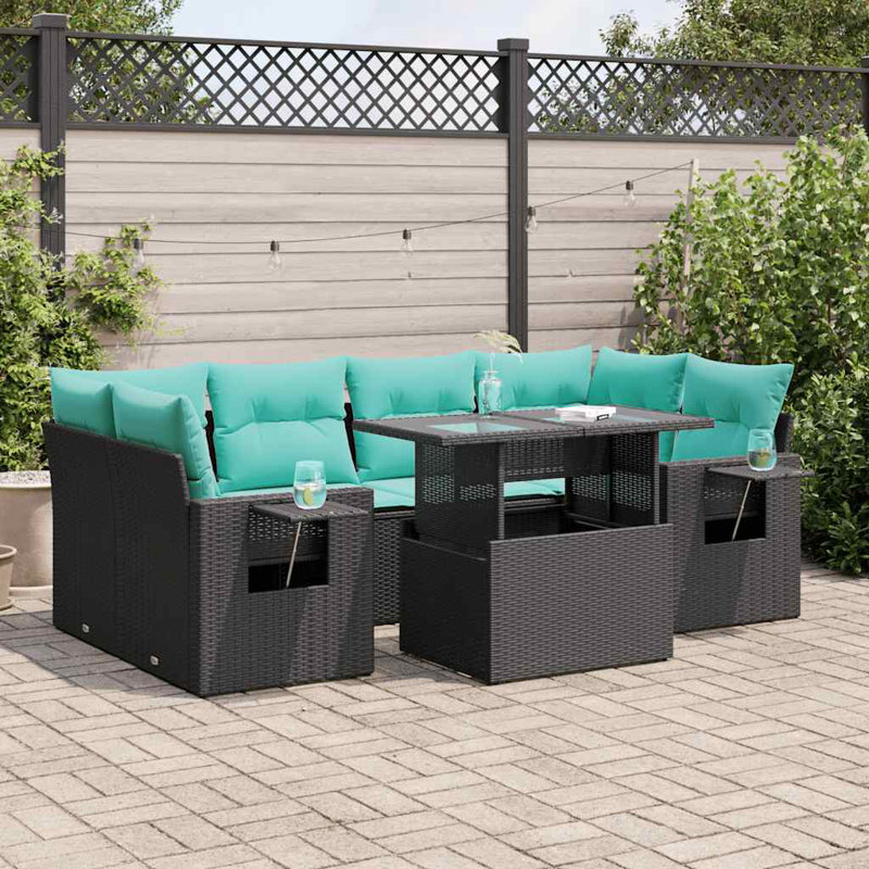  Ensemble de canapé de patio 7 pièces avec coussins en rotin polyacacia, Vert, Brun