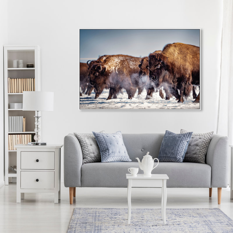 Buffalo Herd In A Snow Landscape Print, 37" H x 55" W, White Framed