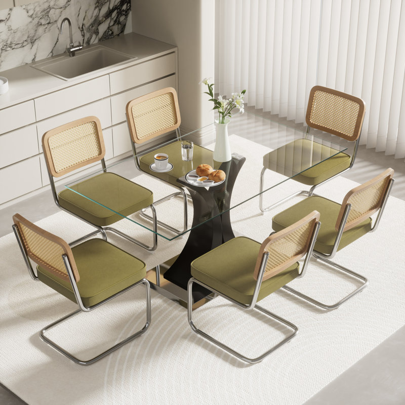 Ensemble de salle à manger rectangulaire, 7 pièces : table, 6 chaises, Noir, Vert olive