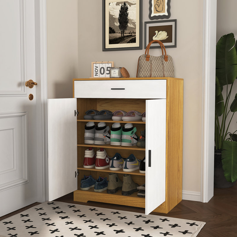 Shoe Cabinet, 4-Tier Shoe Rack Organizer With 1 Drawer, Freestanding Wooden Shoe Storage Cabinet With 2  Door & Adjustable Shelves For Entryway Hallway