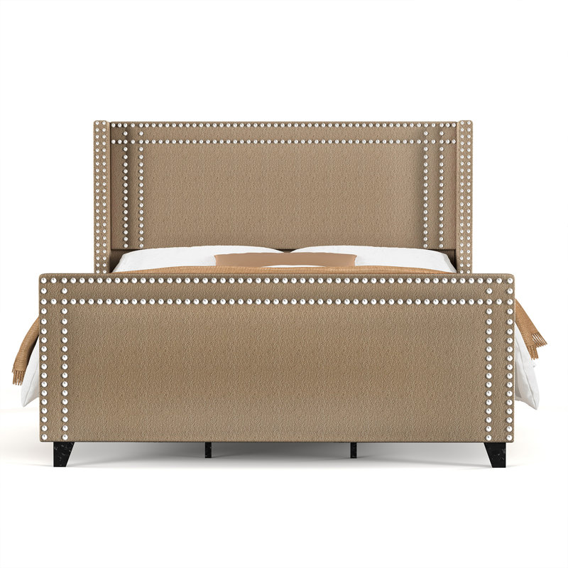 Queen Brown Chenille Upholstered Bed with Nailhead Trim