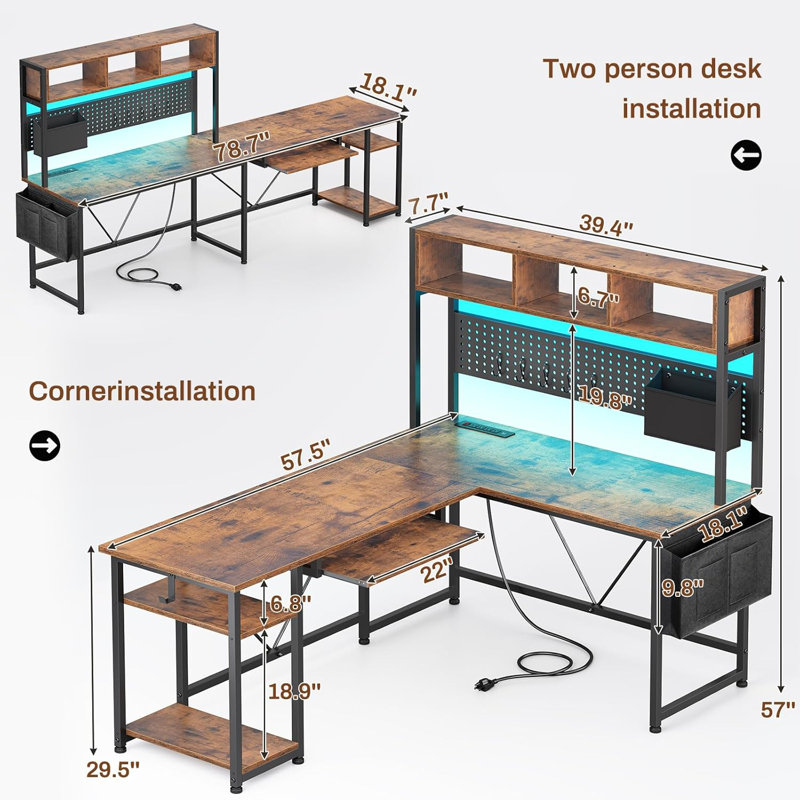 L Shaped Gaming Desk With Hutch, 57.5” Reversible Corner Computer Desk With Storage Shelves, Gaming Desk With Pegboard, Led Lights, Power Outlet, Keyboard Tray