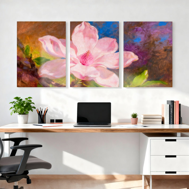 Ensemble de 3 tableaux muraux sur toile tendue représentant des fleurs de magnolia rose, H 30 po x l 60 po