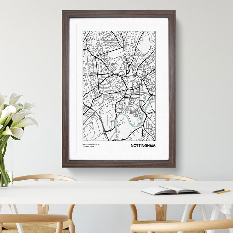 Map Nottingham UK - Picture Frame Graphic Art, 90cm H x 65cm W x 2cm D, Walnut