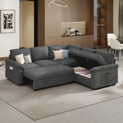 Ahn L-Shaped Linen Sleeper Sectional Sofa with Pull-Out Bed and Under-Seat Storage, Gray