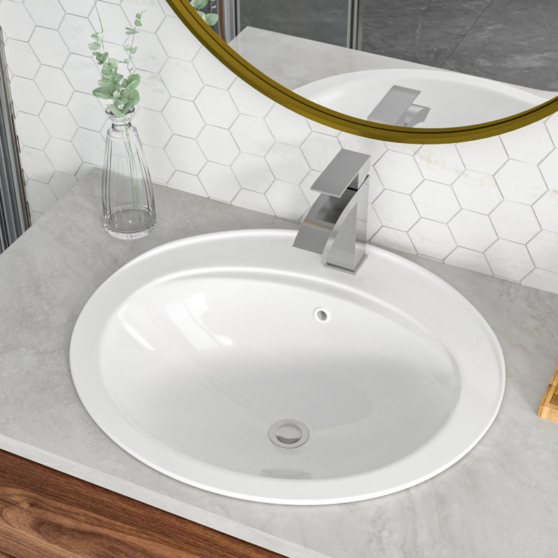 Lavabo de salle de bain ovale encastré 22 po en céramique blanche avec trop-plein et trou de robinet pré-percé simple, 1
