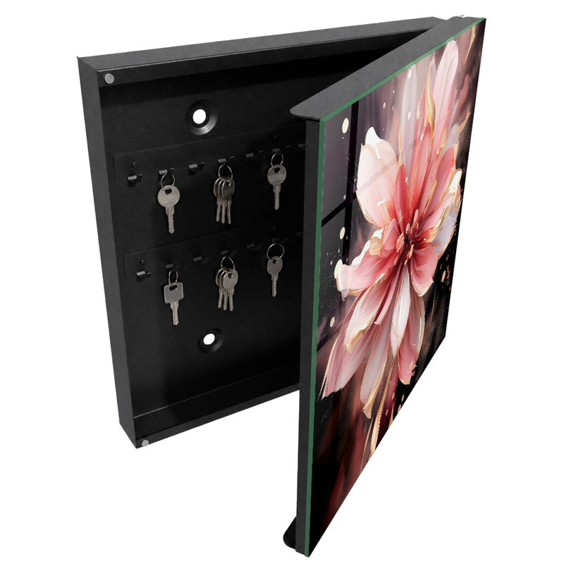 Decorative key box for wall, Opens to the left, 30x30x5, White, A stunning flower in shades of pink and cream, 