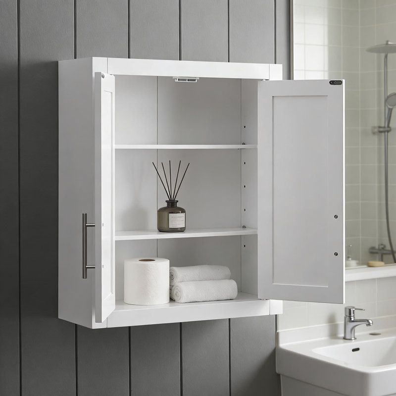 Armoire de salle de bain murale avec tablettes réglables, armoire de rangement en bois blanc de style Shaker avec quincaillerie en nickel brossé