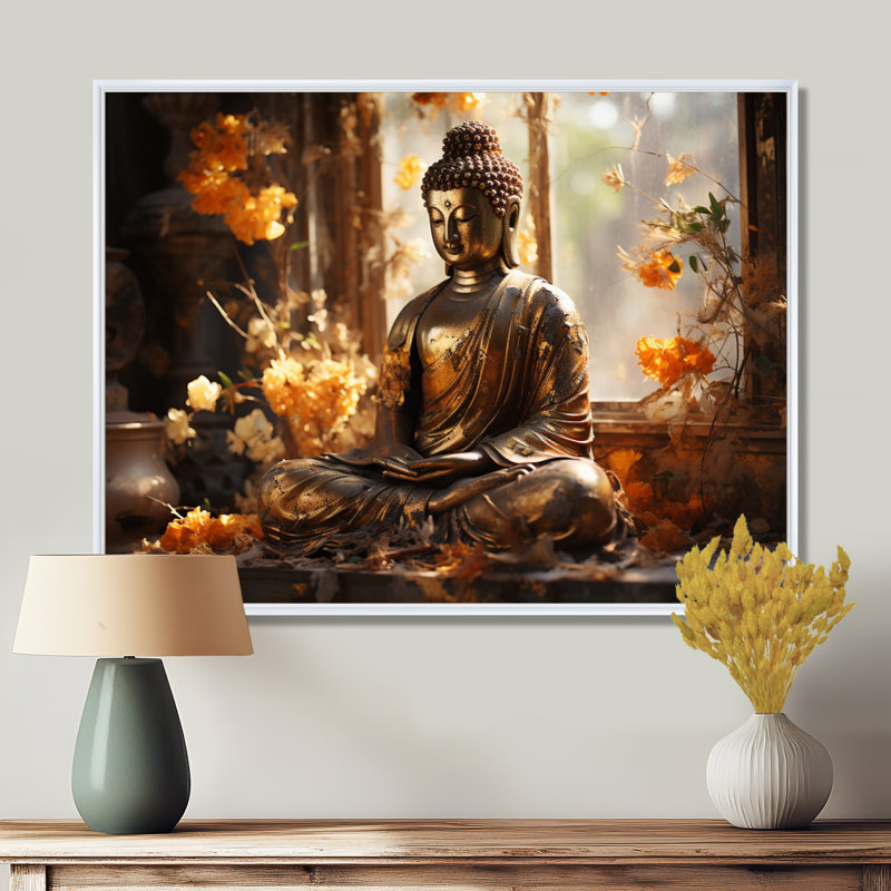 Bouddha doré thaïlandais - art mural de la Thaïlande, H 16 po x l 32 po x P 1 po, Cadre flottant blanc