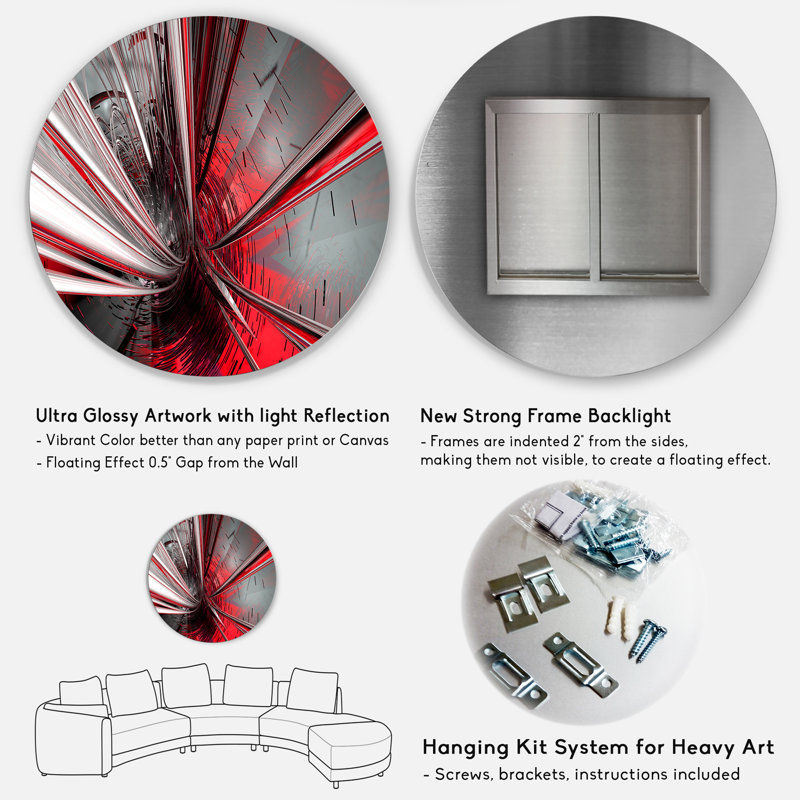 Fractal Grey and Deep Red Round metal wall art, 11" H x 11" W