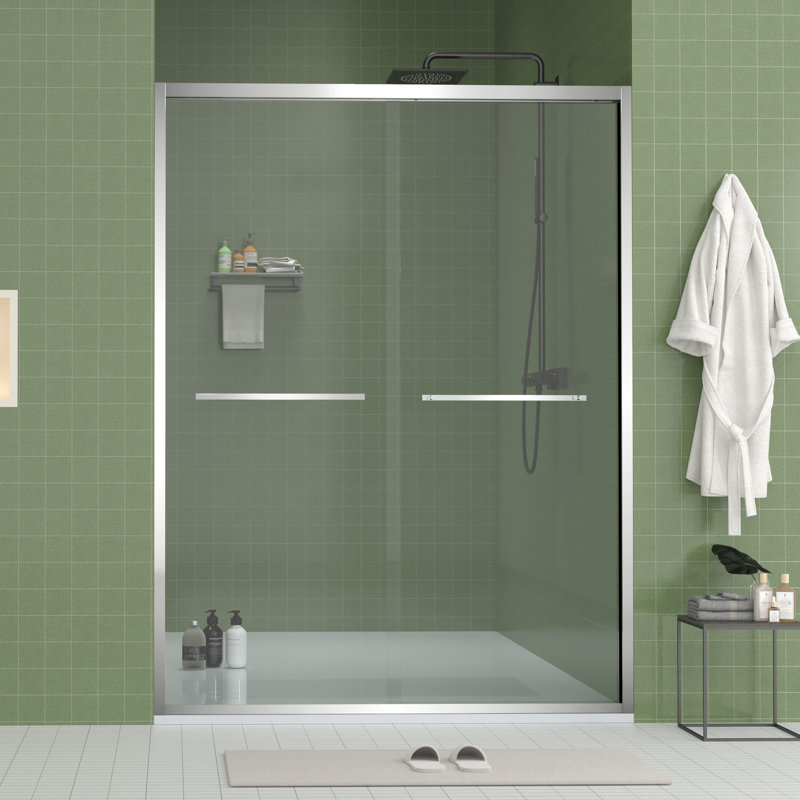 Enceinte de douche coulissante en verre à largeur réglable de 56 à 60 po avec verre trempé de 8 mm, conception à double poignée, quincaillerie pour porte d'entrée sécuritaire et sécuritaire et galets de 8 mm, chanfrein