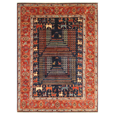 Tapis rouge / bleu / orange noué à la main de haute qualité