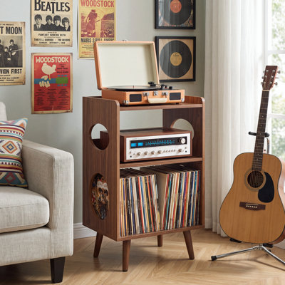 Record Player Stand, Turntable Stand with Vinyl Record Storage, Charging Station & USB Ports, Album Cover Display, Record Storage Cabinet Holds Up to 160 Vinyl Albums for Living Room