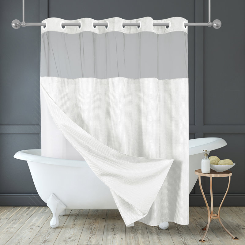  Rideau de douche 72x75 à motif gaufré sans crochet - Long rideau de douche résistant à l'eau avec panneau transparent, doublure à encliqueter et œillets