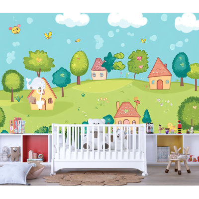 Colorful Village Hills Wallpaper With Trees, Cartoon Houses, And Butterflies, Playful 3D Landscape Wall Mural For Nursery, Kids Room, Or Daycare Learning Spaces