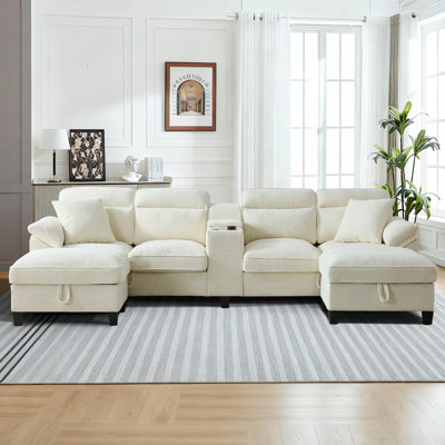 118 Inch Sofa Couch,Sectional Couches For Living Room With 2 Cup Holders,Corduroy Modular Sectional Sofa With Movable And Storable Ottoman.