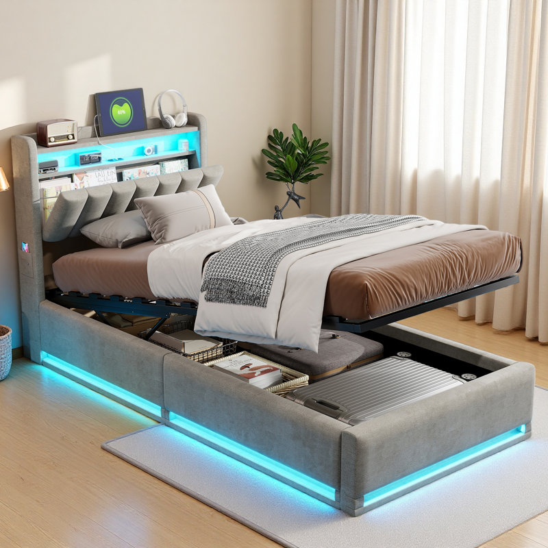 Hydraulic Lift Up Storage Upholstered Platform Bed, Single (3'), Grey