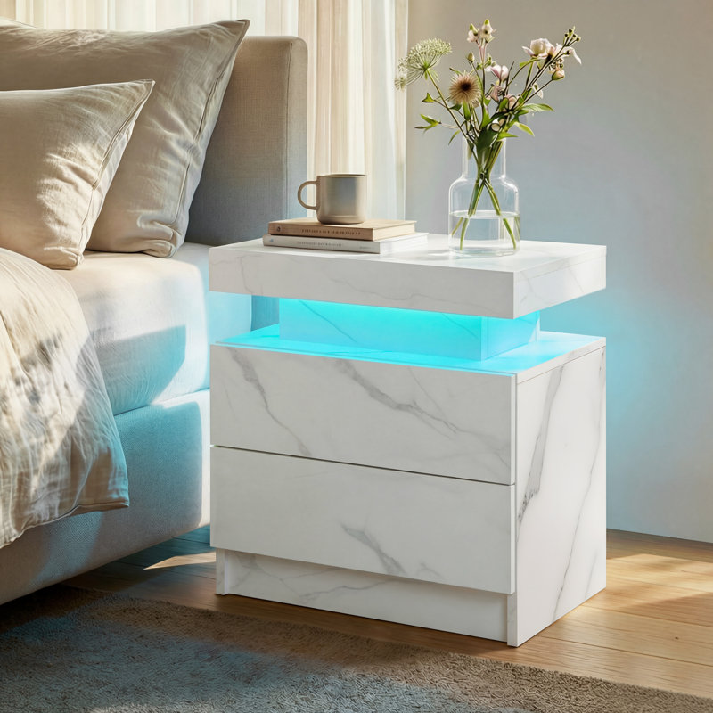 LED Nightstand with Drawers, White Marble