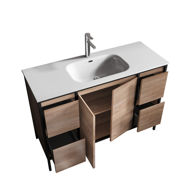 Anna 48 po L x 18 po P 2 portes et 4 tiroirs Meuble-lavabo avec évier simple et Comptoir en Céramique blanc