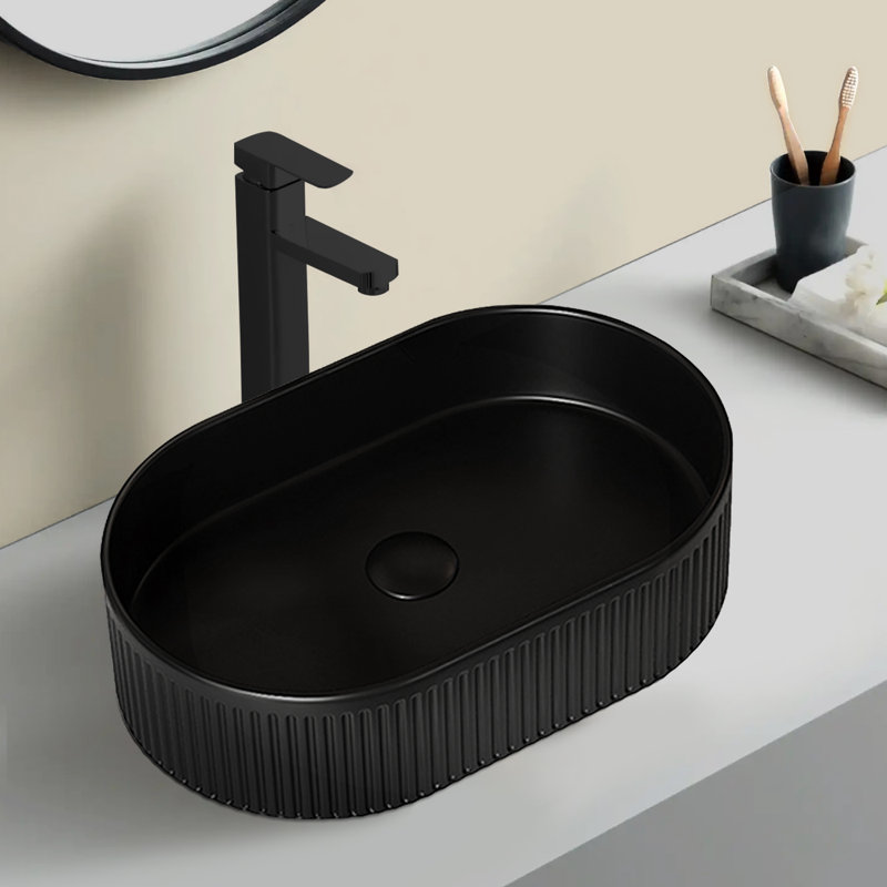 20'' Bathroom Sink, Oval Striped Vessel Ceramic Basin Without Faucet, NO Cabinet, Black
