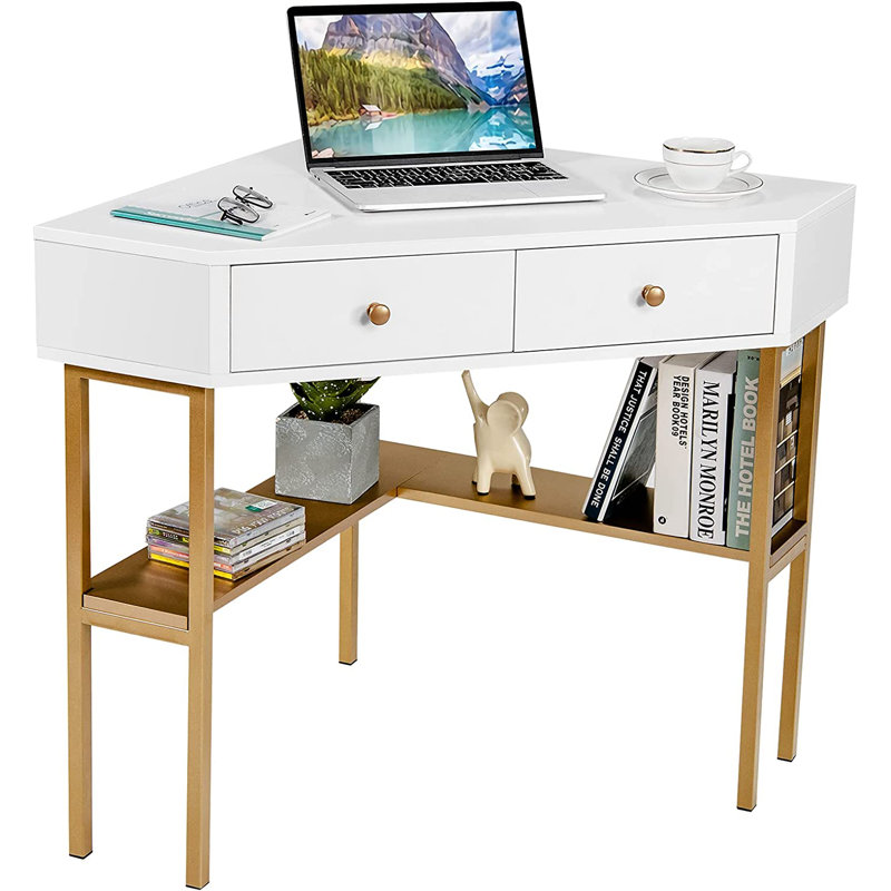 Ceti Corner Computer Desk, White, Gold