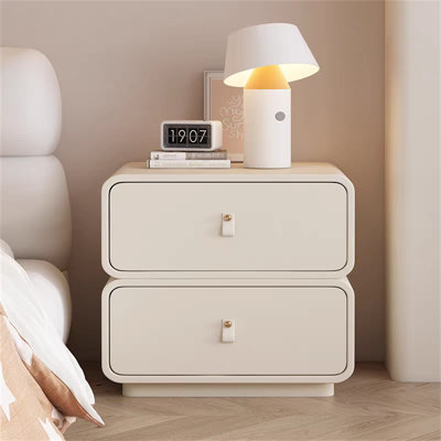 Solid Wood Italian Minimalist Nightstand With Leather Drawer - Modern Cream Bedside Table For Small Spaces by Kztmaea