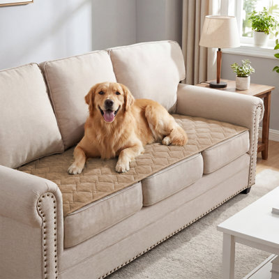 Chenille Fuzzy Furniture Cover, Non-Slip Washable Couch Protector with Straps, Pet & Kid Safe for 3 Cushion Sofa, Khaki ,27.6" x 71"