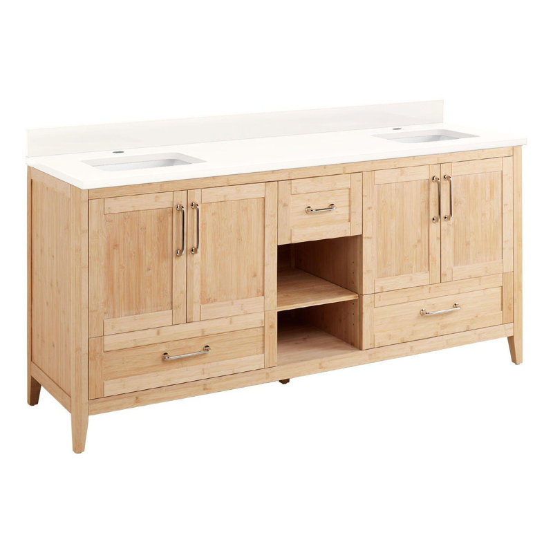 Ensemble de meuble-lavabo double 72 "avec lavabos encastrés rectangulaires Burfield, Quartz blanc arctique, Monocentre centré