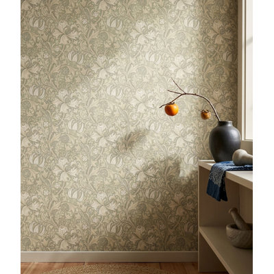 Vintage Floral Vine Wallpaper in Soft Sage Green and Cream