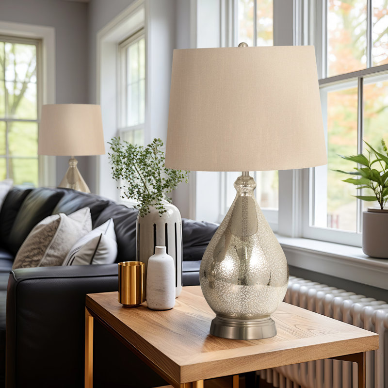 Glam Neutral Set Of 2 26" Glass Mercury Table Lamp, Silver, Round - 14" x 14" x 26"