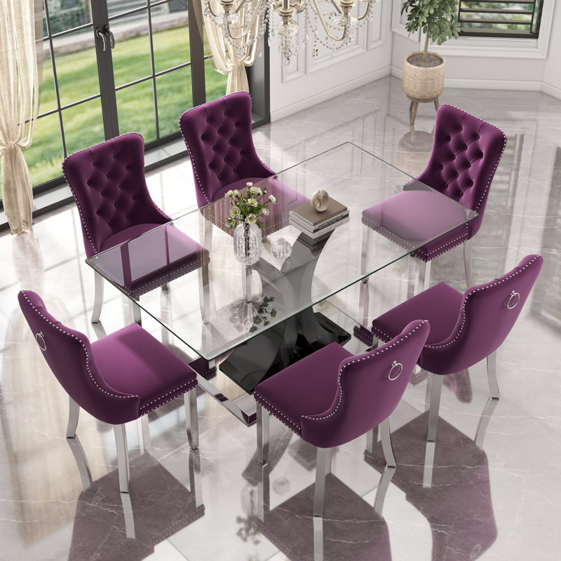 Rectangle Tempered Glass Dining Table Set, 7, Purple, Black