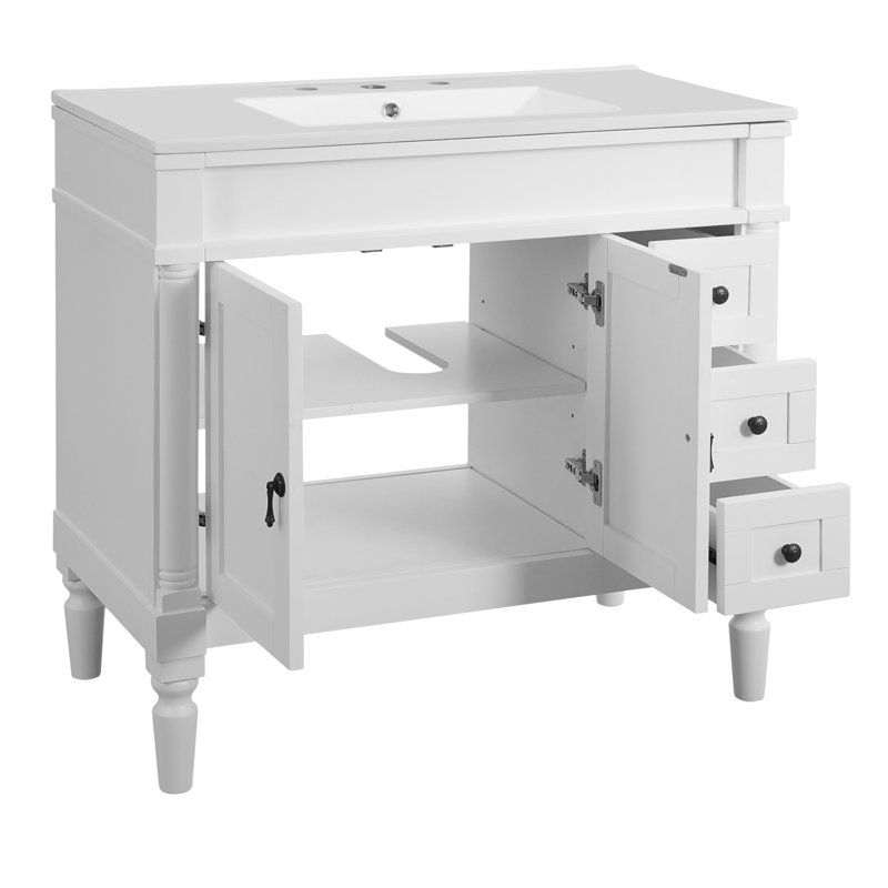 Meuble-lavabo 36 po avec lavabo en céramique, tiroirs standard, portes à fermeture douce, tablettes réglables, armoire de rangement moderne pour les petites et moyennes salles de bain