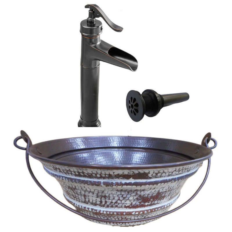 Lavabo vasque de cuve en cuivre 15 po extérieur blanc vieilli, accessoires inclus