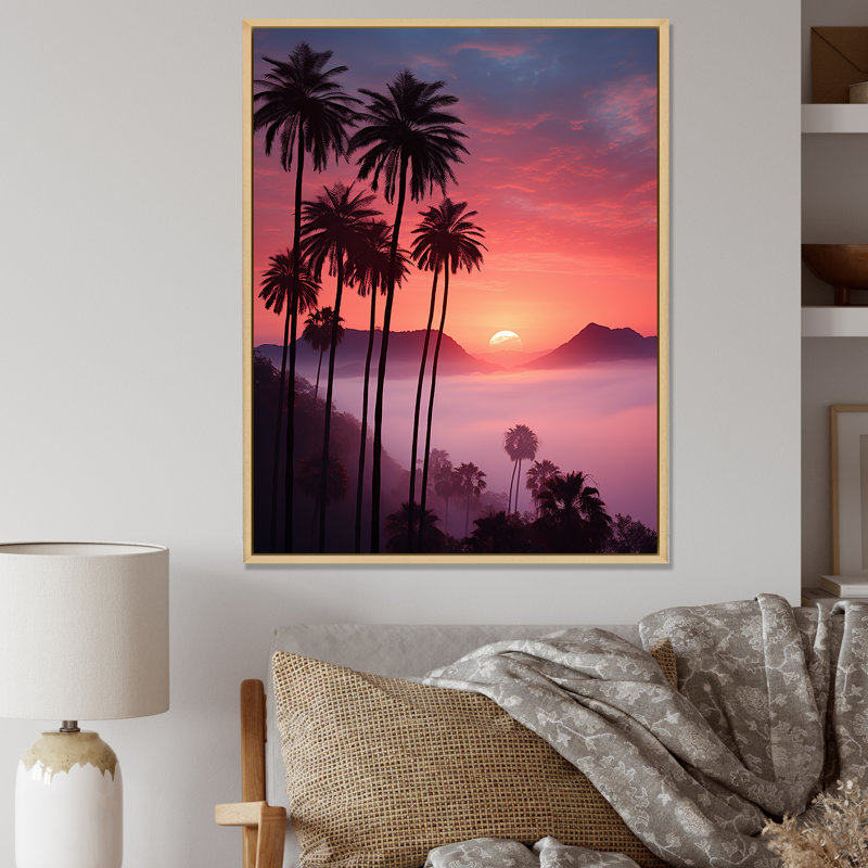 Palmier abstrait d'Hawaï, coucher de soleil II, H 32 po x l 16 po x P 1 po, Cadre naturel flottant