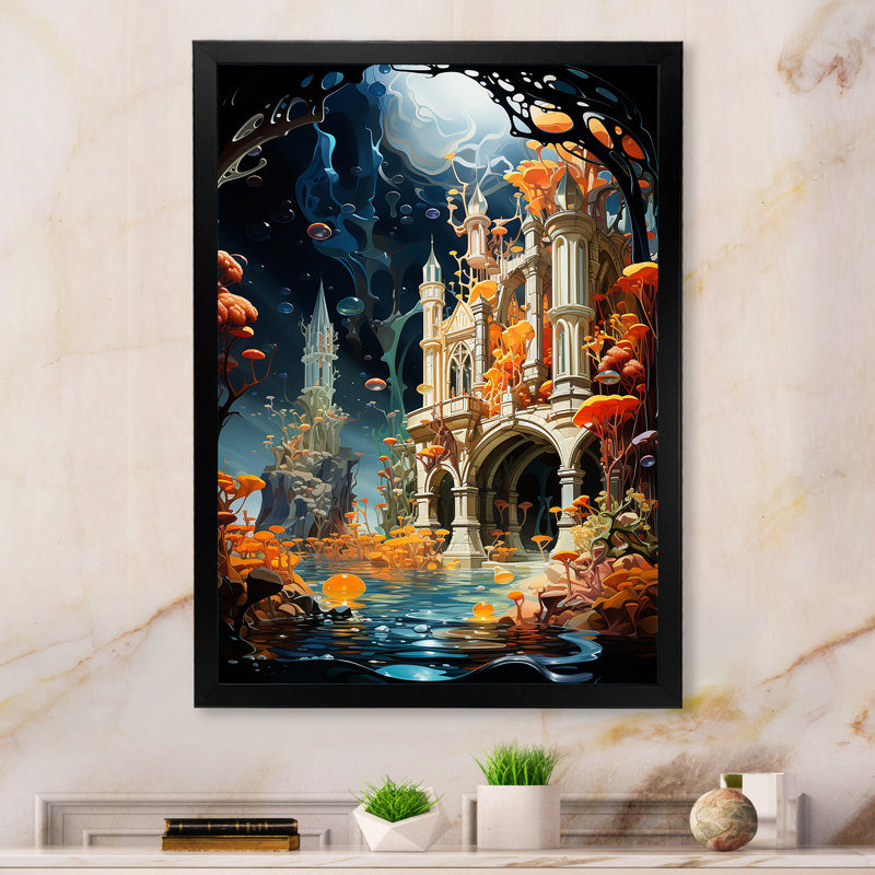 Mahima, surréalisme, le château submergé sur toile, Cadre photo noir, H 44 po x l 34 po x P 1,5 po