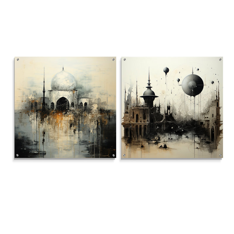 Mosquée de l'Islam Minimalisme - ensemble de 2 peintures murales en acrylique acrylique, H 16 po x l 33 po