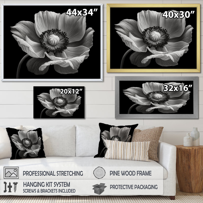 " Black And White Mist Poppies ", Silver Single Picture Framed, 30" H x 40" W x 1.5" D