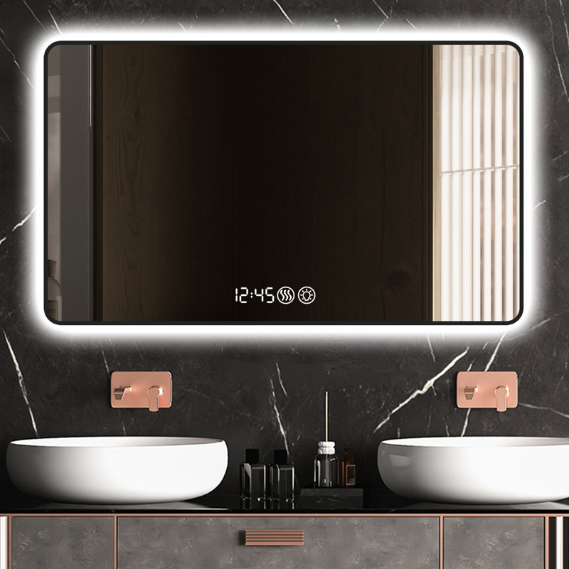 Miroir mural 29 x 39 cm avec cadre en aluminium noir, coins arrondis, affichage de la température, éclairage DEL tricolore et fonction antibuée pour salle de bain, éclairage