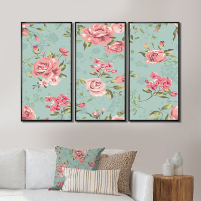 " Vintage Pink And White Roses On Green II " 3 - Pieces Painting Print