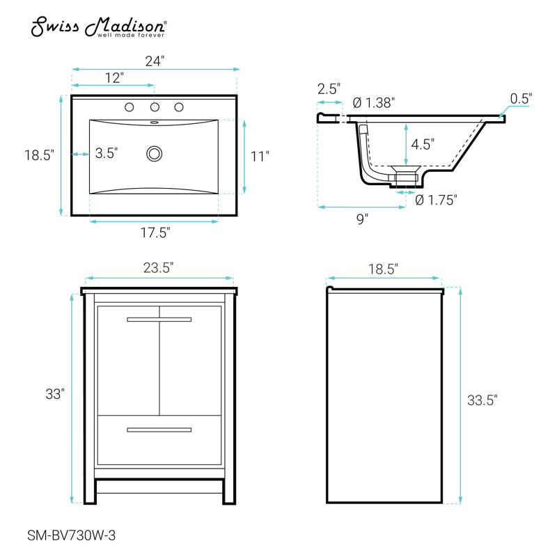 Virage 24" Freestanding, Bathroom Vanity, White, Black, 3