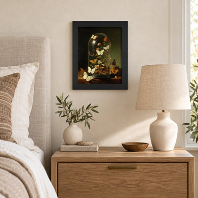 Butterflies in a Glass Dome Black Framed Canvas Wall Art
