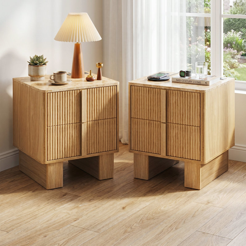 Table de chevet cannelée de 22 po avec station de charge intégrée, table de chevet à 2 tiroirs pour chambre à coucher et salon (ensemble de 2)