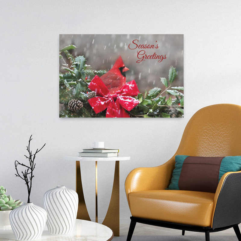 «Season's Greetings», cardinal, art contemporain d'hiver, H 16 po x l 24 po