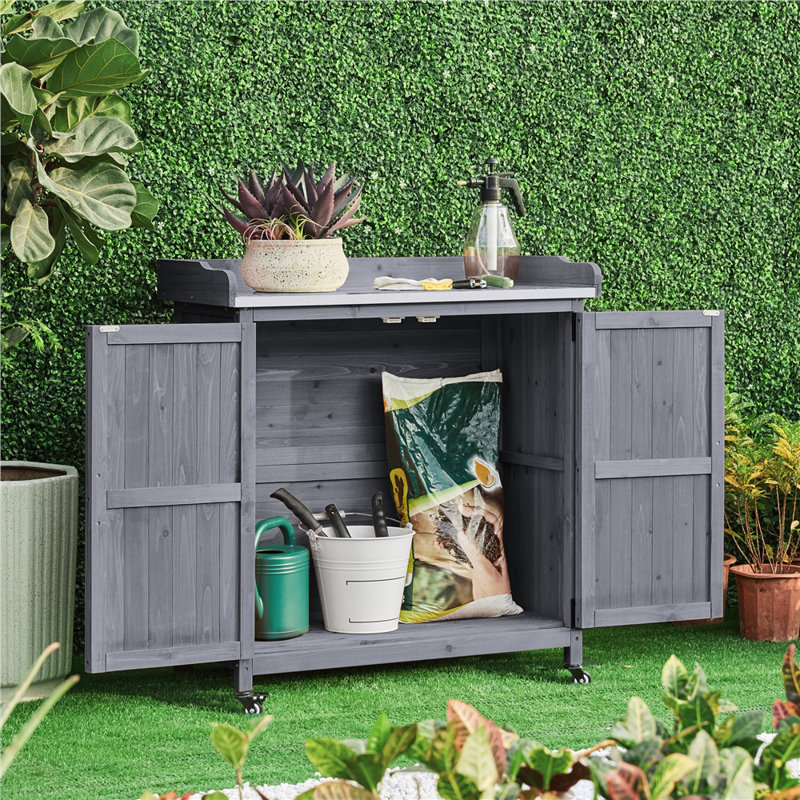 40″ H Garden Potting Bench Table with Lockable Castors, Gray