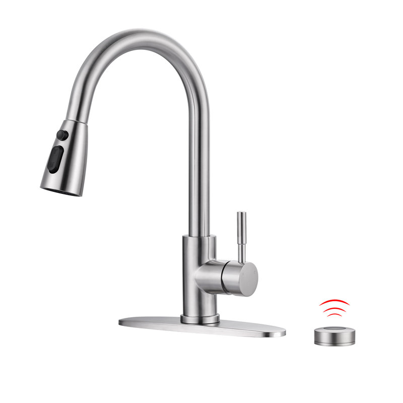 Robinet de cuisine automatique automatique à capteur de mouvement avec pulvérisateur rétractable 3 modes, Nickel brossé
